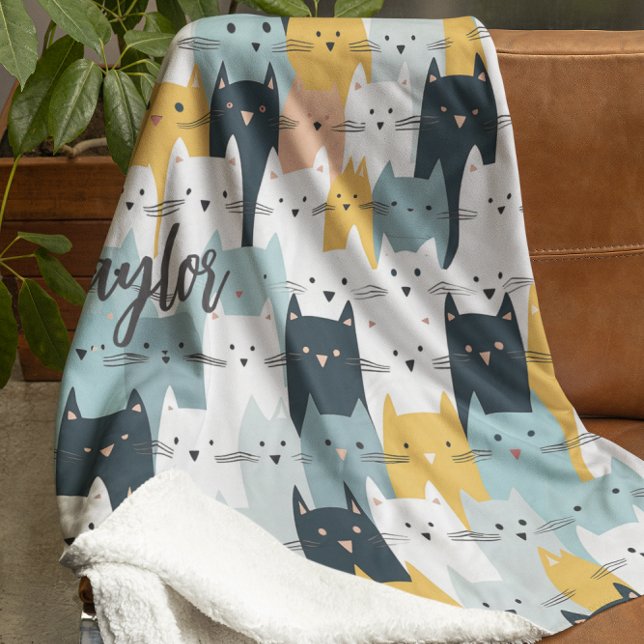 Couverture Polaire Monogramme moderne Chat Motif Bleu Jaune Blanc (Créateur téléchargé)