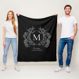 Couverture Polaire Monogramme moderne de crête florale noire et blanc