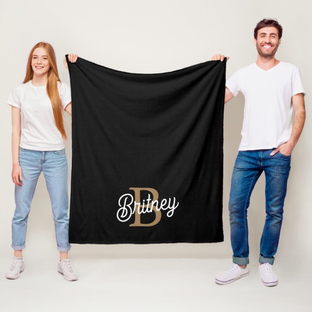 Couverture Polaire Monogramme moderne élégant Nom Black Gold Script (En situation)