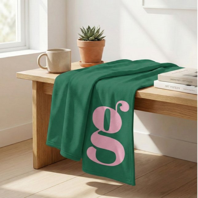 Couverture Polaire Monogramme Moderne Lettre Initiale Rose Vert Prépa (Créateur téléchargé)