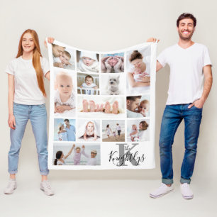 Couverture Polaire Monogramme moderne Nom 14 Photo Collage Blanc