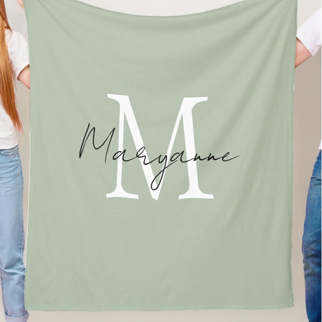 Couverture Polaire Monogramme Moderne Nom Vert Sauge (Créateur téléchargé)