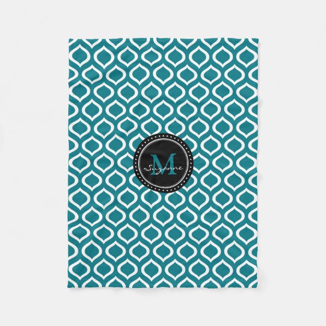Couverture Polaire Monogramme | Motif blanc bleu Trellis (Devant)