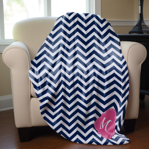Couverture Polaire Monogramme Motif Blue & Fuschia Zigzag