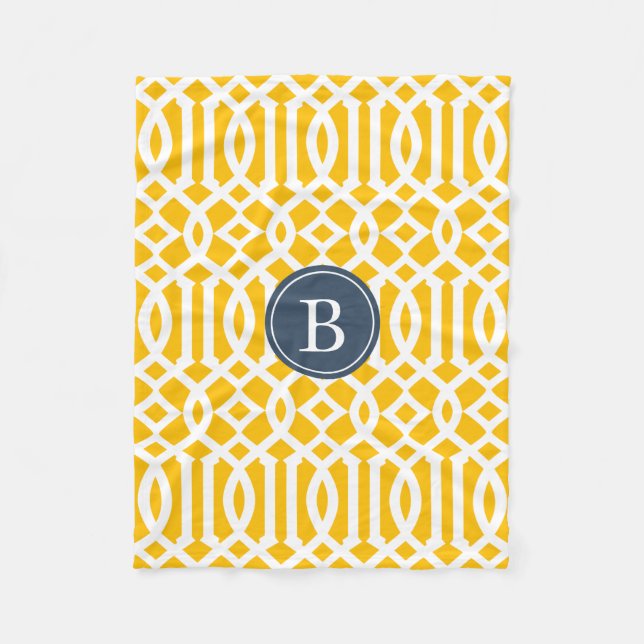 Couverture Polaire Monogramme Motif de Trellis bleu jaune et marine (Devant)