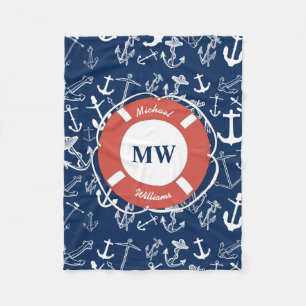 Couverture Polaire Monogramme nautique Ancre bleu marine Motif