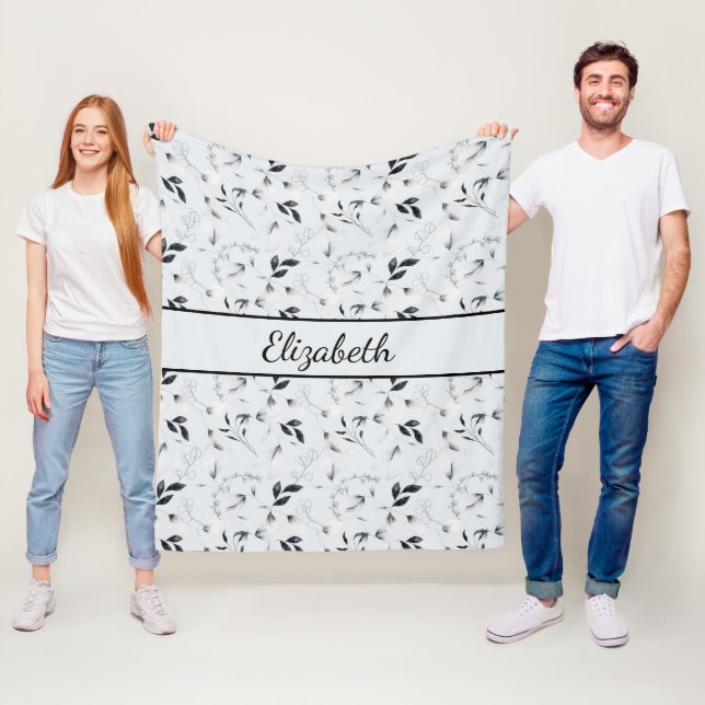Couverture Polaire Monogramme Noir Blanc Argent Gris Feuilles Florale (En situation)
