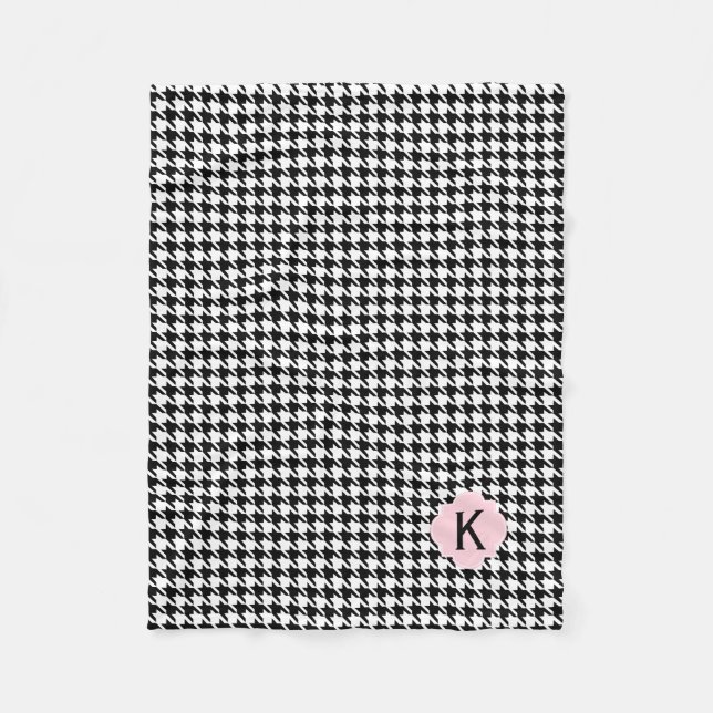 Couverture Polaire Monogramme Noir, Blanc et Pastel Rose Houndstooth (Devant)