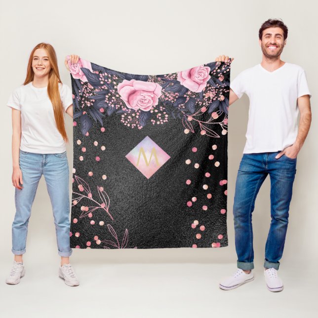 Couverture Polaire Monogramme noir ROSEGOLD rose Parties scintillant  (En situation)