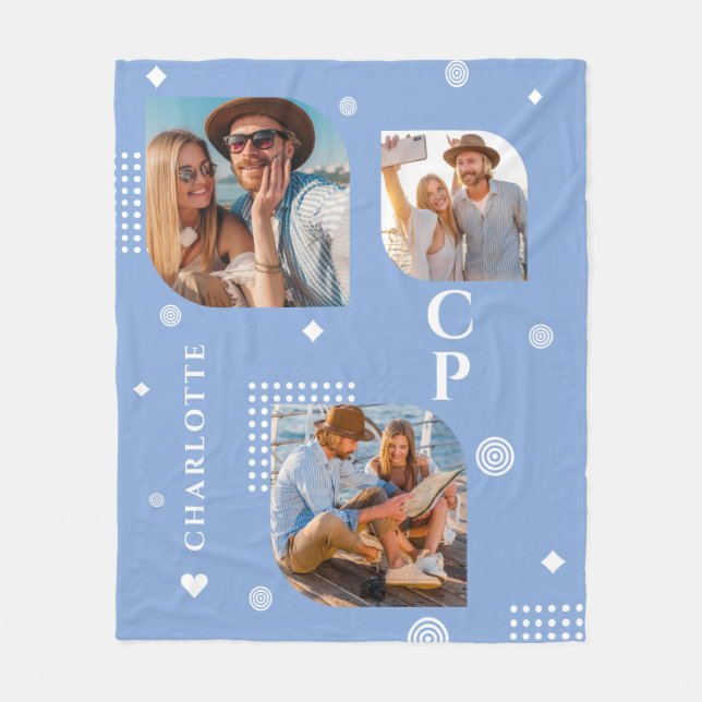 Couverture Polaire Monogramme Nom 3 Photo Collage tendance moderne (Devant)
