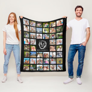 Couverture Polaire Monogramme Nom 44 Photo Collage modifiable noir