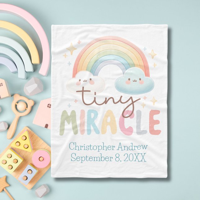 Couverture Polaire Monogramme Nom Arc-en-ciel Naissance Statistiques  (Rainbow, Tiny Miracle Baby Boy Blanket. Monogram it with his name and birthday)