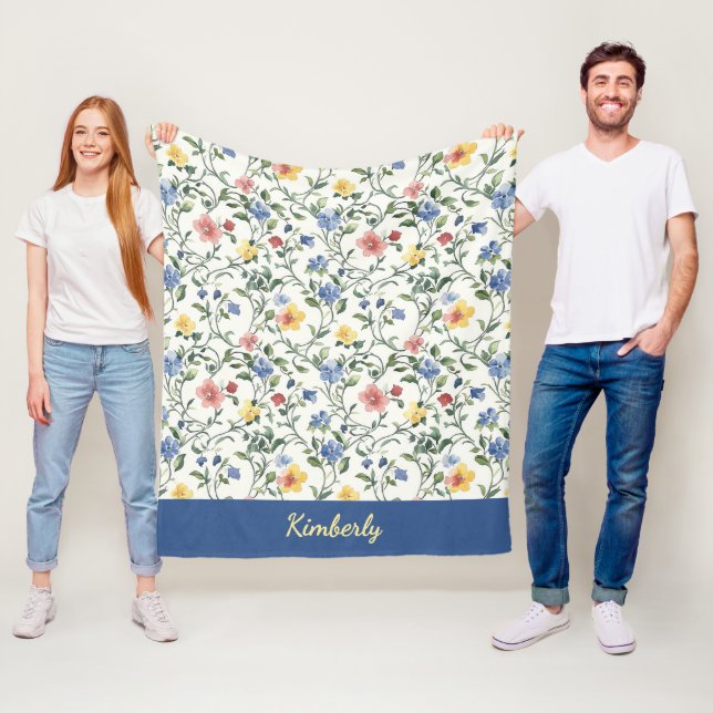 Couverture Polaire Monogramme Nom Fleur Sauvage Aquarelle Jaune Bleu (En situation)