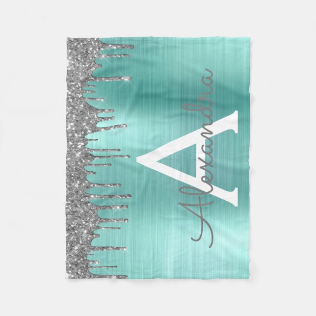 Couverture Polaire Monogramme Nom Métal Brossé Paillettes Sarcelle Ar (Devant)