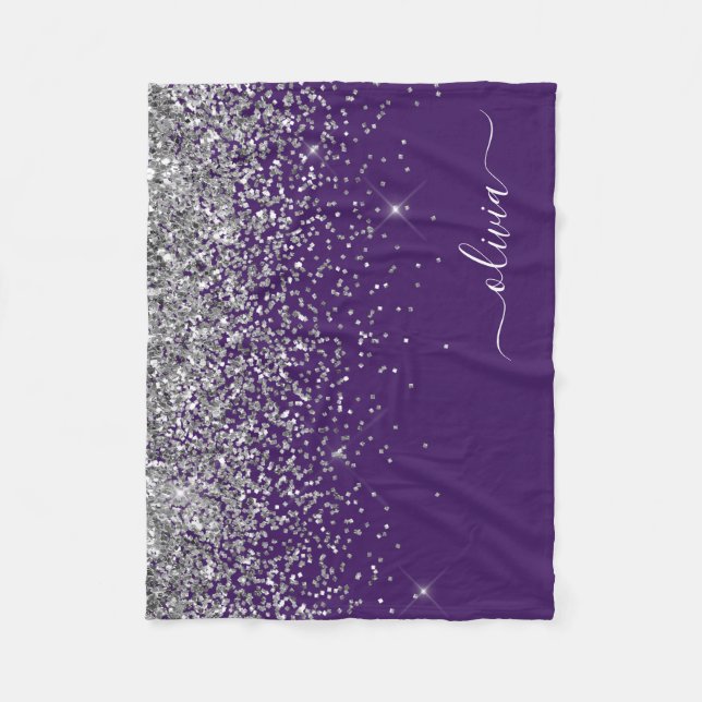 Couverture Polaire Monogramme Nom Paillettes Argent Violet Fille (Devant)