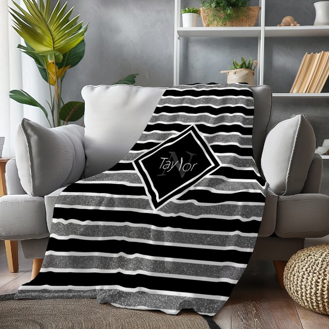 Couverture Polaire Monogramme Nom Rayures Pailletées Gris Noir (Créateur téléchargé)