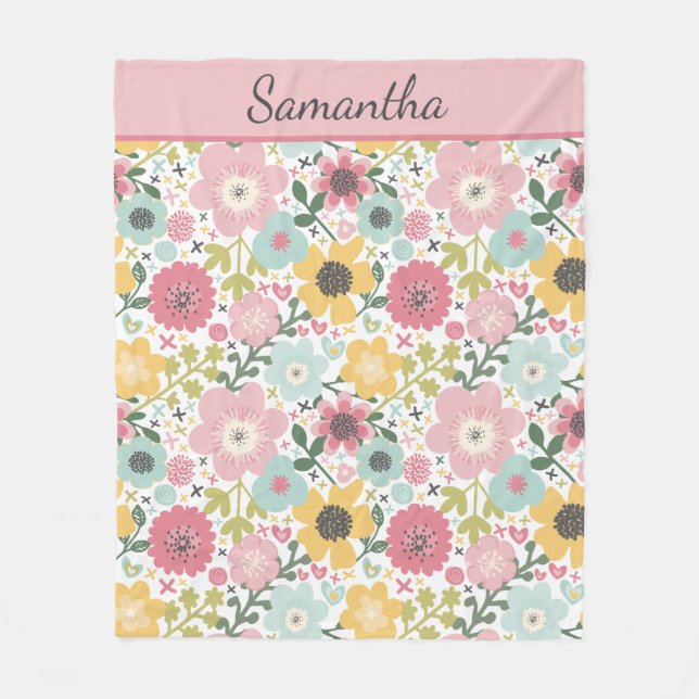 Couverture Polaire Monogramme Nom Rose Jaune Bleu Floral  (Devant)