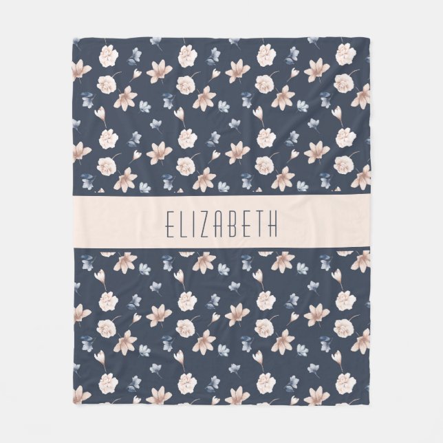 Couverture Polaire Monogramme Nom Rose Pâle Bleu Marine Floral  (Devant)