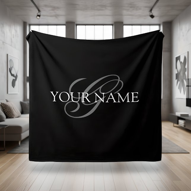 Couverture Polaire Monogramme Nom Script Noir Gris (Créateur téléchargé)