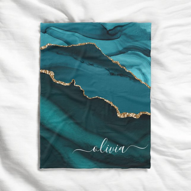 Couverture Polaire Monogramme Or en Géode d'Agate Bleu Vert Aqua Sarc (Créateur téléchargé)