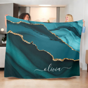Couverture Polaire Monogramme Or Geode Agate Bleu Aqua Vert Or