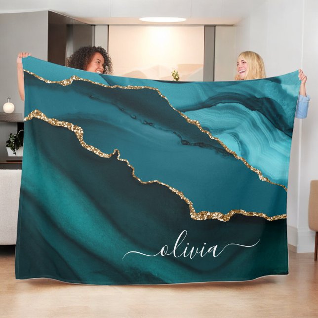 Couverture Polaire Monogramme Or Geode Agate Bleu Aqua Vert Or (Créateur téléchargé)