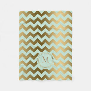 Couverture Polaire Monogramme Or & Mint-Green Zigzag Chevron