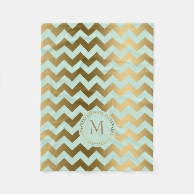 Couverture Polaire Monogramme Or & Mint-Green Zigzag Chevron (Devant)