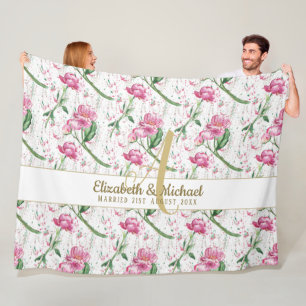 Couverture Polaire Monogramme or Pink Peonies Feuilles verts Nouveaux