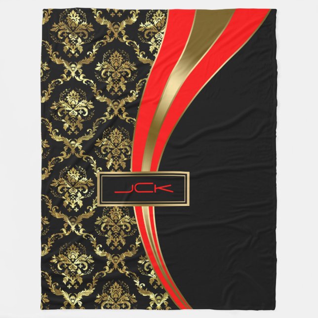 Couverture Polaire Monogramme or rouge & noir Floral Damask 2 (Devant)
