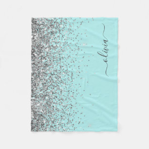 Couverture Polaire Monogramme Pailleté Féminin Bleu Aqua Argenté