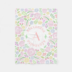 Couverture Polaire Monogramme Pastel Roses Blanche en polaire pour bé