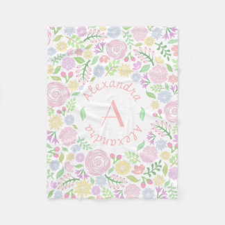 Couverture Polaire Monogramme Pastel Roses Blanche en polaire pour bé