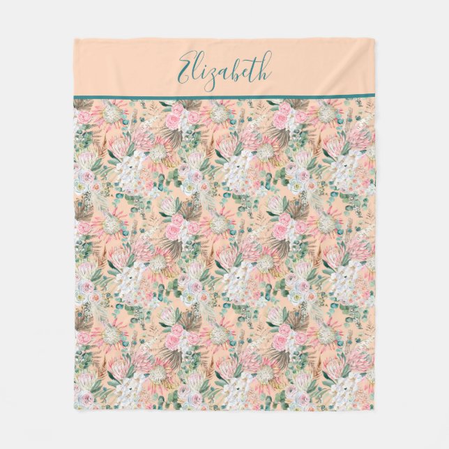 Couverture Polaire Monogramme Peach Rose Blanc Vert Floral Eucalyptus (Devant)