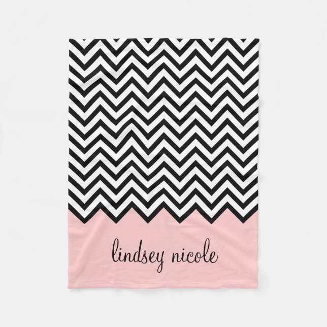 Couverture Polaire Monogramme personnalisé Chevron noir et rose (Devant)