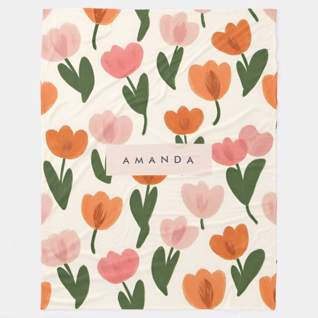 Couverture Polaire Monogramme Personnalisé Cute Spring Tulip Motif (Devant)