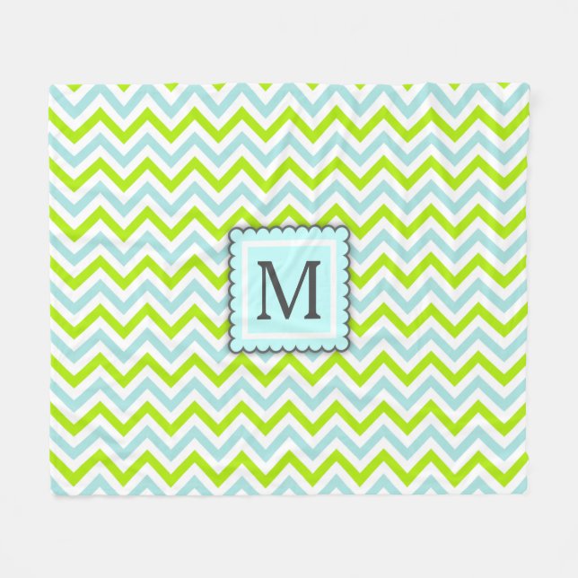 Couverture Polaire Monogramme personnalisé Green & Aqua Blue Chevron (Devant (Horizontal))