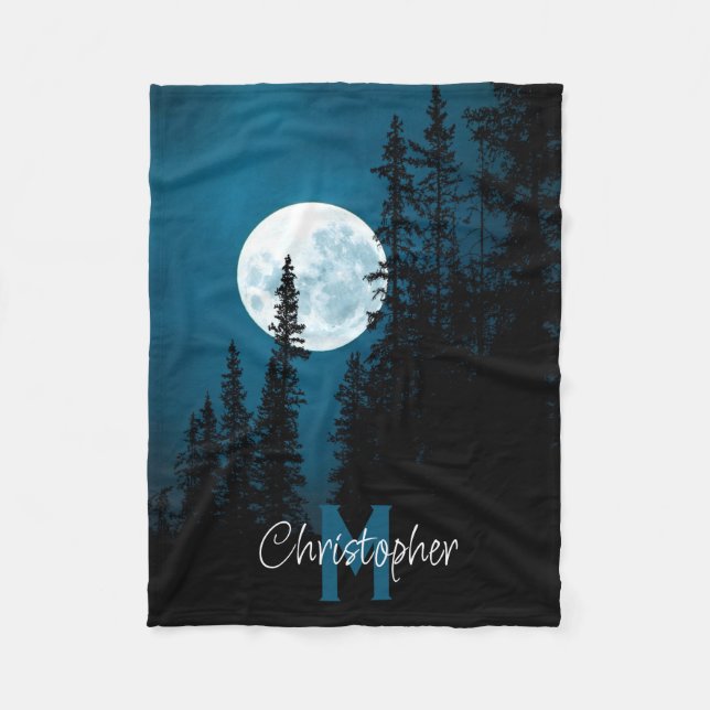 Couverture Polaire Monogramme personnalisé Moon Forest Sky (Devant)