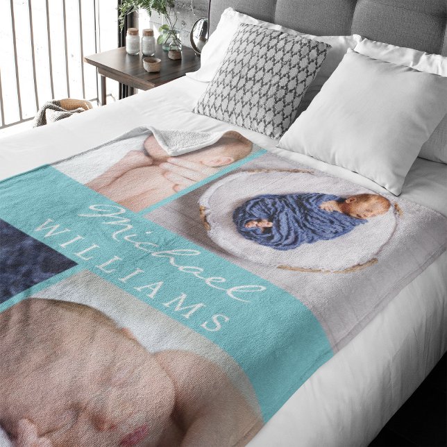 Couverture Polaire Monogramme Photo Collage Aqua Blue Nouveau-né bébé (Celebrate your newborn with this photo collage blanket that features a spot in the middle for a name)