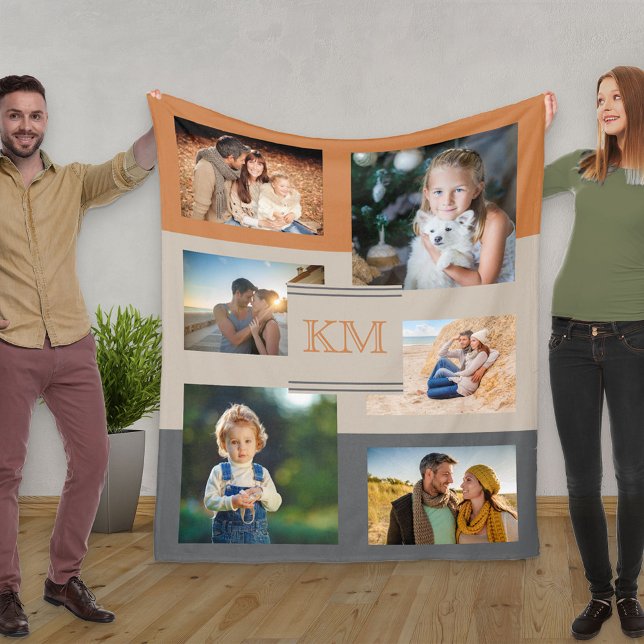 Couverture Polaire Monogramme Photo Collage Brûlé Orange Beige Charbo (Créateur téléchargé)