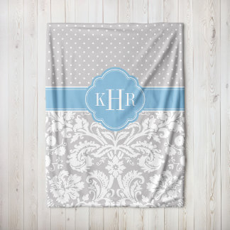 Couverture Polaire Monogramme Pois gris et bleu ciel