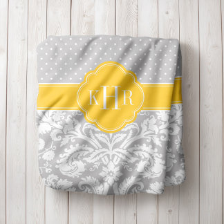 Couverture Polaire Monogramme Pois gris et jaune Damas