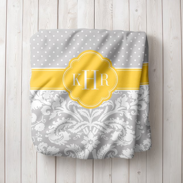 Couverture Polaire Monogramme Pois gris et jaune Damas (Créateur téléchargé)