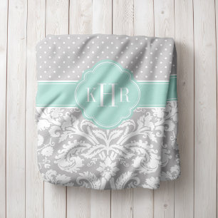 Couverture Polaire Monogramme Pois gris et menthe