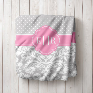 Couverture Polaire Monogramme Pois gris et rose Damas
