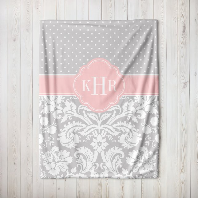 Couverture Polaire Monogramme Pois gris et rose Damas (Créateur téléchargé)