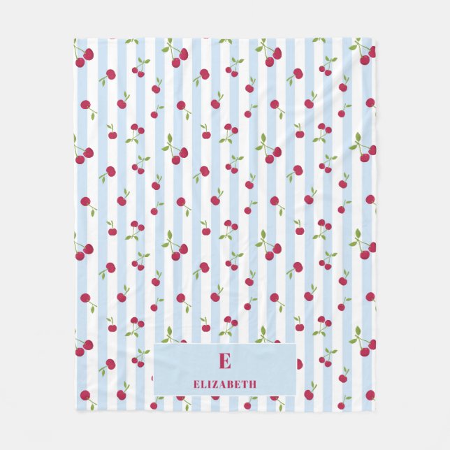 Couverture Polaire Monogramme Rétro Rayures Bleues Cerise Personnalis (Devant)