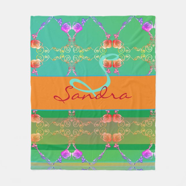 Couverture Polaire Monogramme Rose Coeur Apricot turquoise et mousse (Devant)