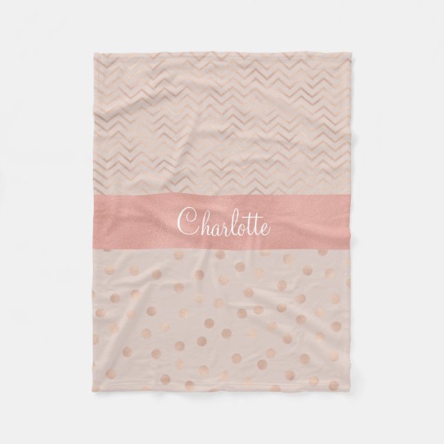 Couverture Polaire Monogramme rose du motif de point de polka d'or | (Devant)