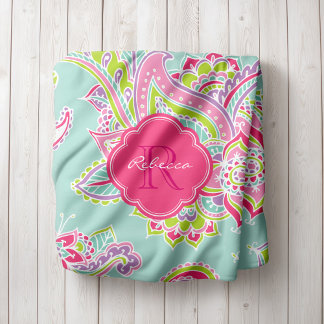 Couverture Polaire Monogramme rose et menthe Boho Paisley